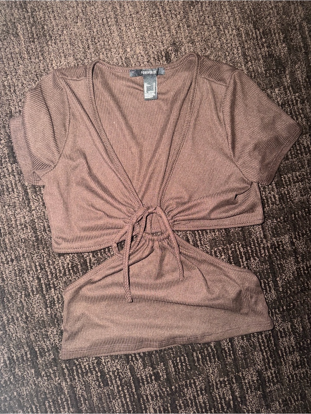 Forever 21 Mauve-Brown Tie-Front Ribbed Crop Top